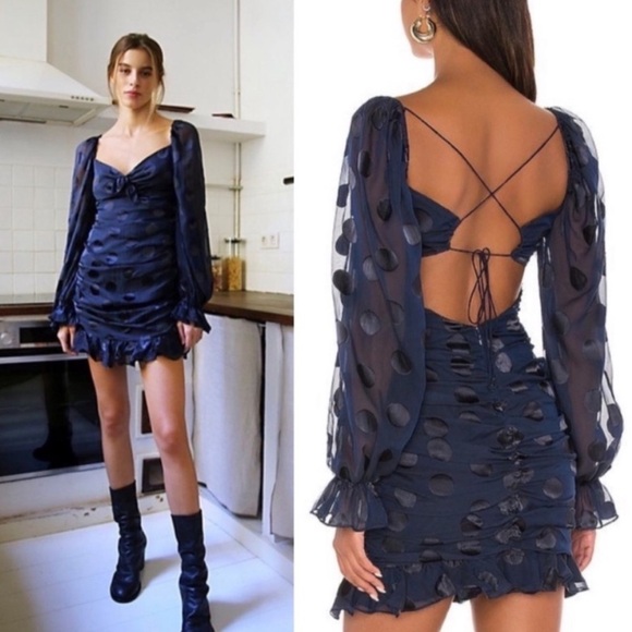 For Love And Lemons Lula Mini Dress Ruched Ruffle Navy Blue Dot Long Puff Sleeve - Picture 3 of 16